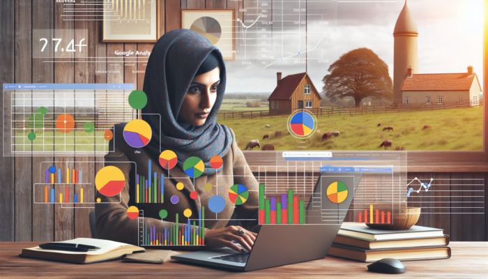 Entrepreneur in Cinderford office analyzes social media metrics on laptop, showing rising graphs of likes, shares, and follower growth with countryside view.