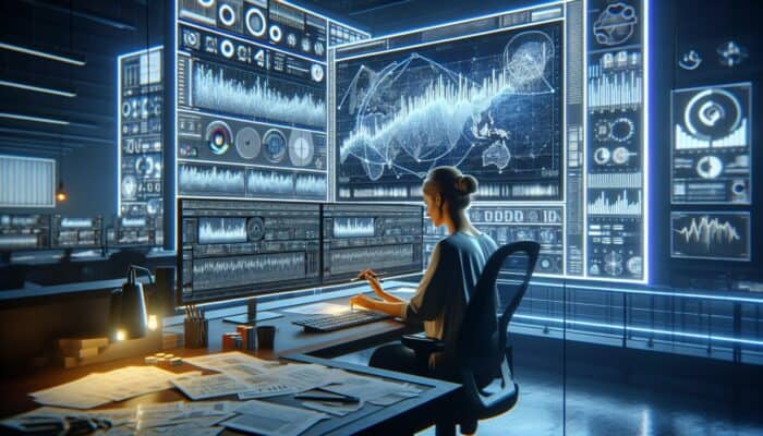 Focused editor in a high-tech studio analyzes financial data on glowing screens, crafting trustworthy narratives about investment trends.