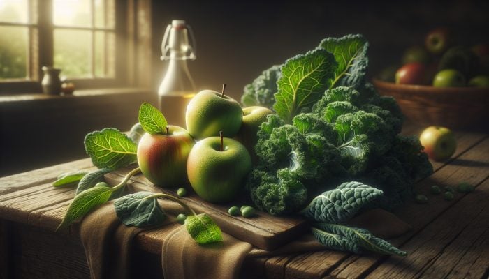 Nutrition For Better Sleep: Fresh British apples and lush green kale on a rustic wooden table in a softly lit kitchen, symbolizing sleep-promoting nutrients.