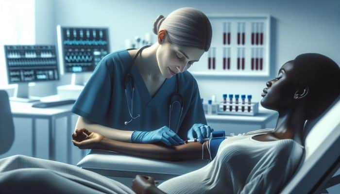 A nurse in blue scrubs draws blood from a relaxed pregnant woman's arm in a sterile clinic, with test tubes, syringes, and charts nearby.