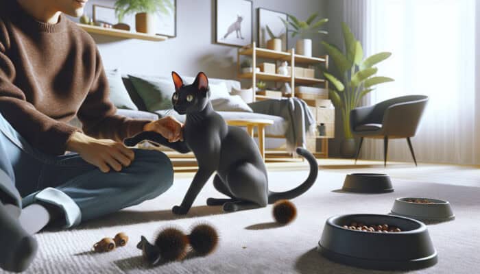 A black Bombay cat plays with its owner in a sunlit living room during routine feeding and playtime, surrounded by toys and bowls.