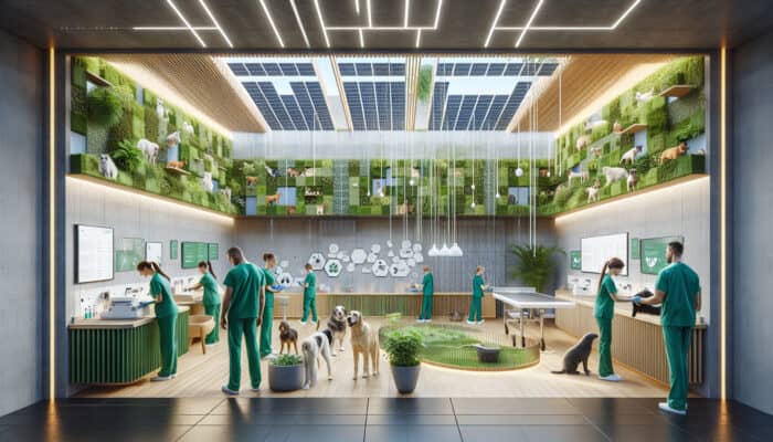 Green Vet Clinic Choices For Pets: A modern vet clinic with recycled walls, solar panels, LED lights, indoor plants, and vets in green scrubs caring for pets.