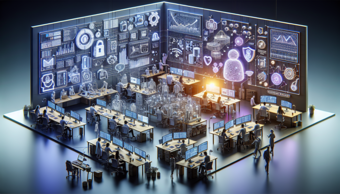 Developers in Crewkerne innovating with AI chatbots, personalized interfaces, PWAs, and cybersecurity shields in a vibrant digital workspace.