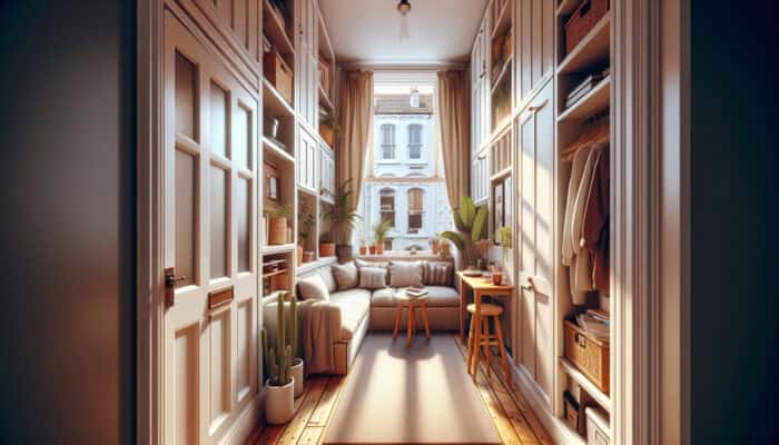 Brighton House Clearance Small-Space Tips: Cozy Victorian terrace interior in Brighton with narrow hallways, multifunctional furniture, improvised storage, and sunlit warm wooden floors.