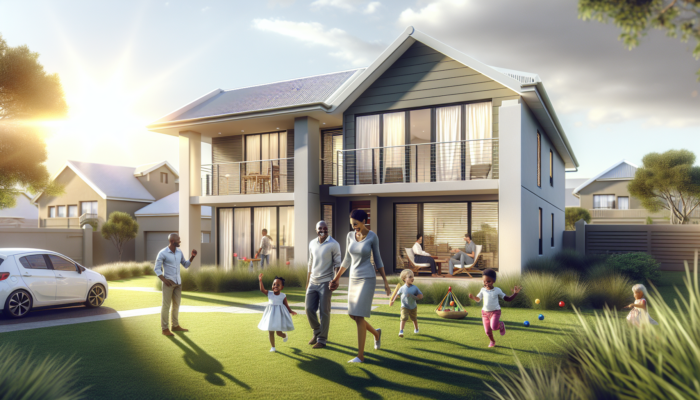 A modern family home in sunny Vanderbijlpark, with a welcoming facade, lush yard, and a young family playing nearby schools.