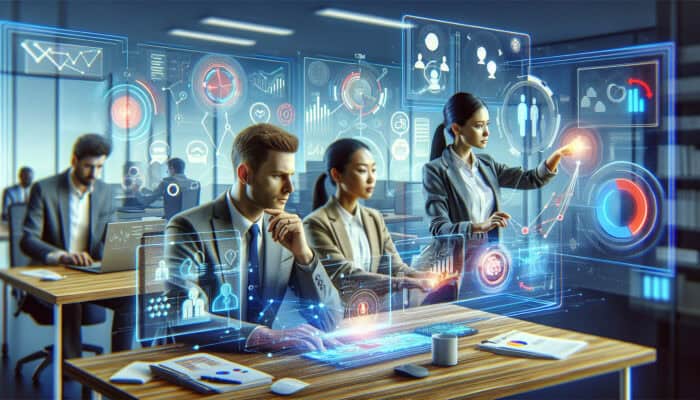 Illustration of professionals in a modern office analyzing data on holographic screens, building relationships, and surrounded by icons of communication, strategy, and empathy.