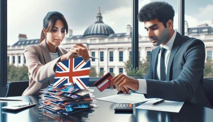 Consolidating Multiple Small Debts: Key Strategies | DCL Consolidating Multiple Small Debts: A UK borrower in a modern London office merges debts into a single loan with a bank advisor under a Union Jack flag.