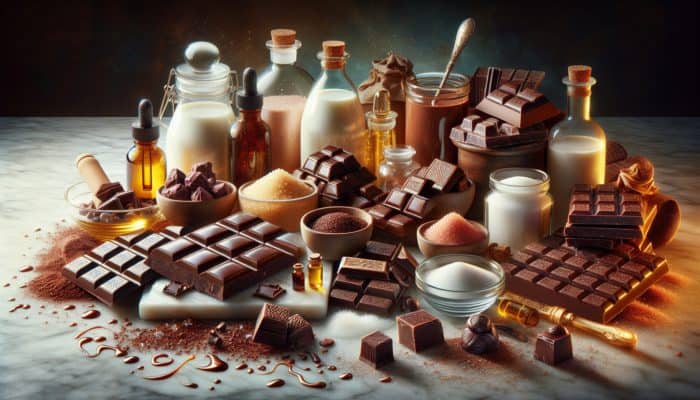 A vibrant still-life of chocolate ingredients: rich cocoa solids, glossy butter, sparkling sugar, emulsifiers, milk solids, and flavorings on marble with melting drips.