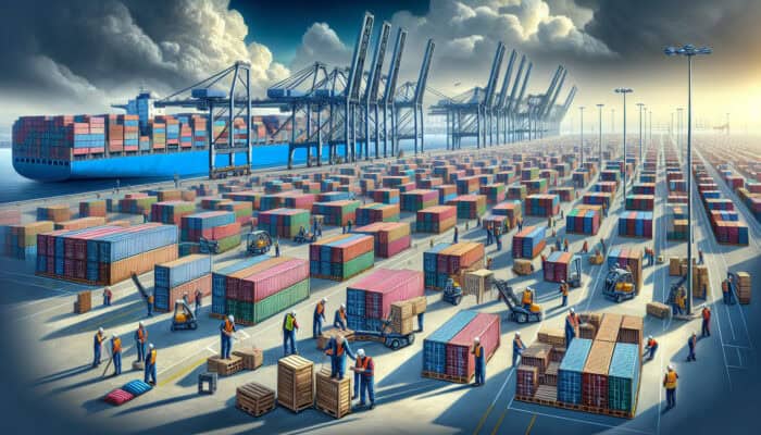 Packing Optimization Tips for Clearance: Workers at Port of Felixstowe pack shipping containers with neatly stacked goods, optimizing space under towering cranes and a cloudy sky.