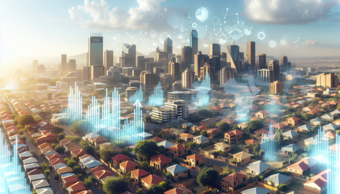 A vibrant aerial view of Randburg's property market: modern skyscrapers among suburban homes, with upward trend graphs under a sunny sky.