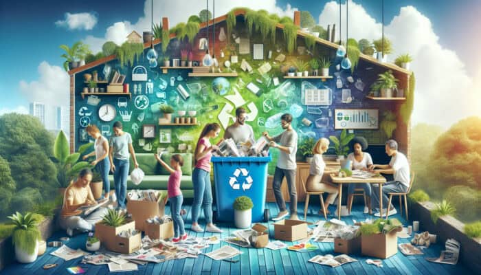 Recycling Paper During UK House Clearances: UK family sorting recyclable papers into a blue bin, surrounded by green plants, recycling symbols, and a bright sky.