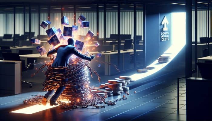 A determined person in a modern UK office escapes tangled debt chains, merging into a glowing loan path with lower rates and 2-5 year timeline, symbolizing financial empowerment.