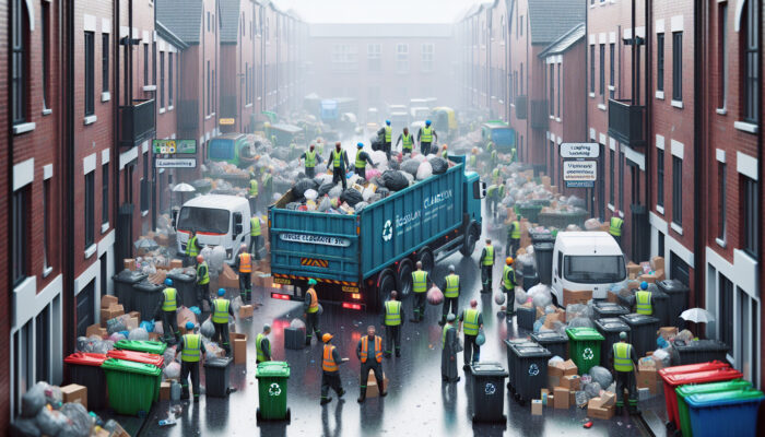 In rainy Birmingham, workers in hi-vis vests load bulky waste onto a licensed truck, surrounded by documents, bins, and signs under gray skies.