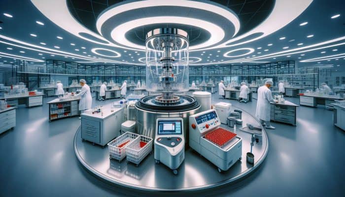 In a modern Bromsgrove lab, a centrifuge spins blood samples as scientists monitor an automated analyser displaying cholesterol results under bright lights.