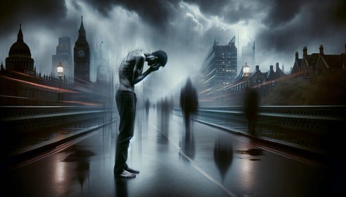Chronic Pain and Mental Health: A person hunched in chronic pain on a rainy London street, surrounded by ethereal shadows of anxiety and depression under gray skies.