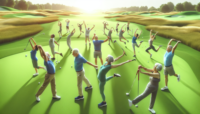 Energetic seniors exercising on a lush golf course, swinging clubs and stretching with joyful expressions under a sunny sky.
