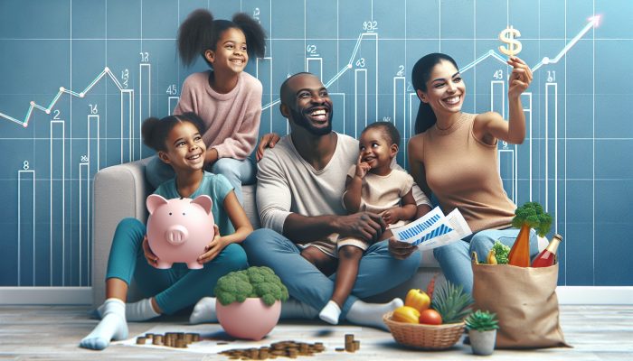 A joyful UK family in a modern London home smiles at financial documents showing lower debt, with an overflowing piggy bank, investment charts, and groceries symbolizing financial stability.