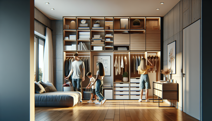 Modern Carletonville home interior with sleek built-in wardrobes and shelving, family organizing books and clothes in an airy space.