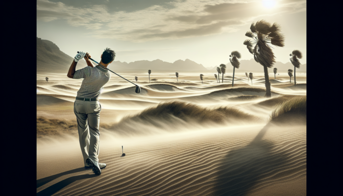 A golfer adjusts his swing on a windy South African course with rippling dunes, bending palms, and distant sunlit mountains.