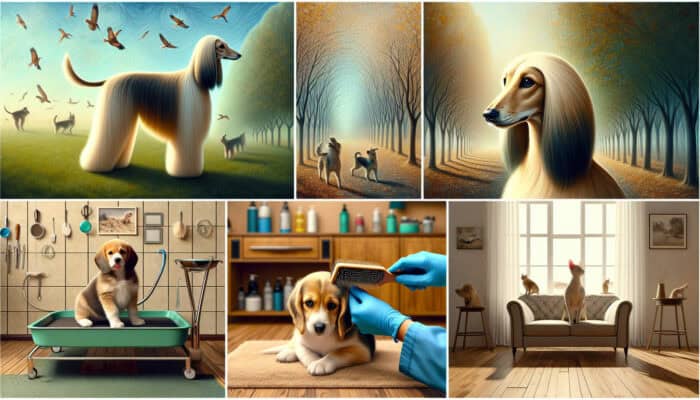 A vibrant scene shows an Afghan Hound being brushed outdoors, a Beagle lounging indoors, a playful puppy exploring, and a kitten at a grooming station.