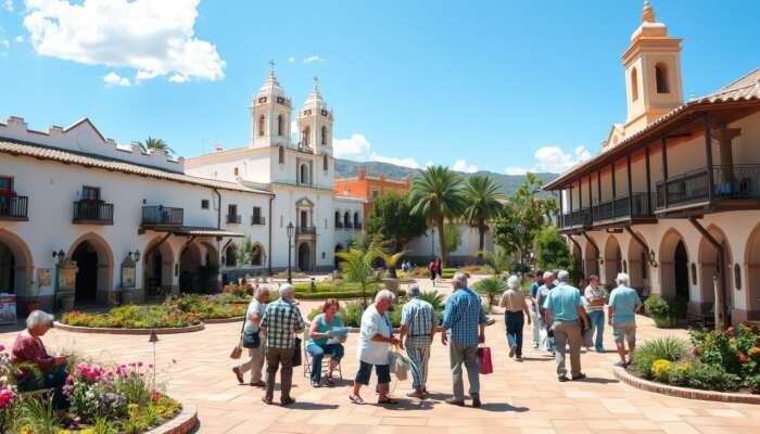 A picturesque view of San Miguel de Allende showcasing colonial architecture and vibrant gardens, with retirees painting, volunteering, and socializing in a sunny plaza, embodying a joyful retirement lifestyle.