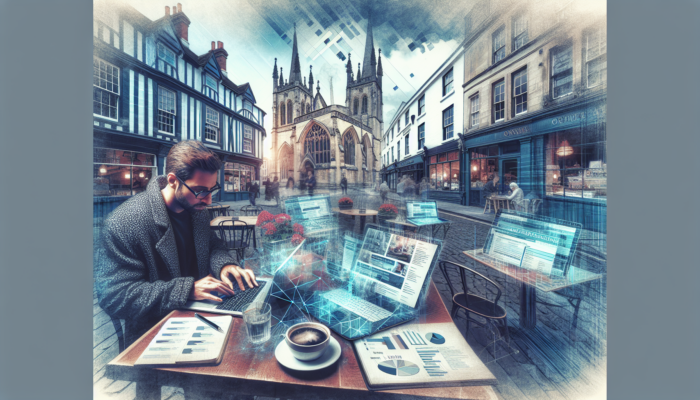 Entrepreneur in a Radstock cafe analyzing blog strategies, surrounded by laptops, notebooks, charts, and coffee amidst historic architecture.