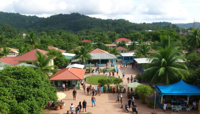Vibrant Belizean tourist area with people enjoying outdoor activities amidst lush greenery and colorful architecture, highlighting security measures like patrols and safety signage.