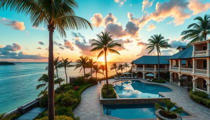 Luxurious hotel with Caribbean architecture, swimming pool, and tropical surroundings at sunset, featuring swaying palm trees.