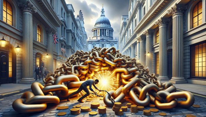 Debt Consolidation vs DIY Debt Payoff Plans: Which is Better? | DCL A bustling London street with historic banks, where a person merges tangled debt chains into a glowing golden loan, symbolizing financial freedom.