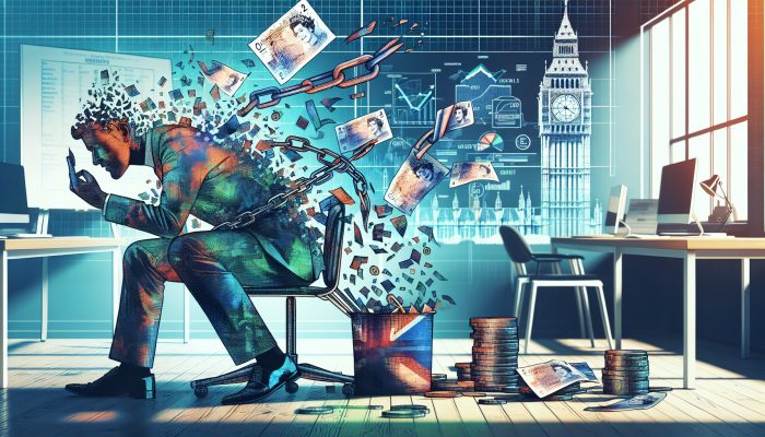 Debt Consolidation vs DIY Debt Payoff Plans: Which is Better? | DCL Relieved British person in a modern London office sorting pound notes and charts, with fading broken chains symbolizing debt freedom through DMP.