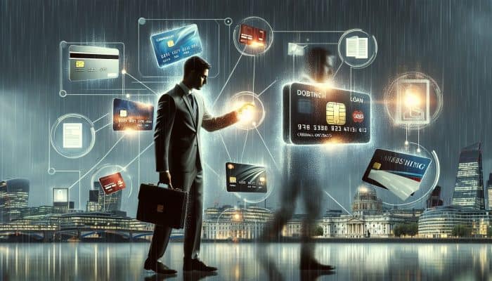 Debt Consolidation Loans vs Line of Credit: Key Differences | DCL Debt Consolidation Loans vs Line of Credit: A person in a modern London office merges scattered credit cards and bills into a glowing loan document under a rainy skyline, symbolizing financial freedom.