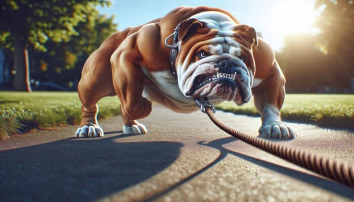 Obedience Classes for Stubborn Dogs: Stocky bulldog energetically pulling on a leash in a sunny park, ignoring owner with tense muscles and defiant expression.