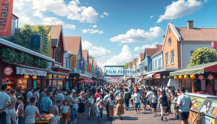 A lively film festival in a bustling town, featuring colorful banners, crowds at outdoor screenings, diverse food stalls, and busy local shops, all amidst charming architecture and a festive atmosphere.