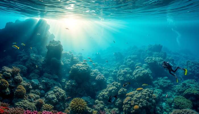 Underwater scene of a vibrant coral reef with diverse marine life, including colorful fish and sea turtles, illuminated by sunlight, as a diver explores the unique ecosystem.