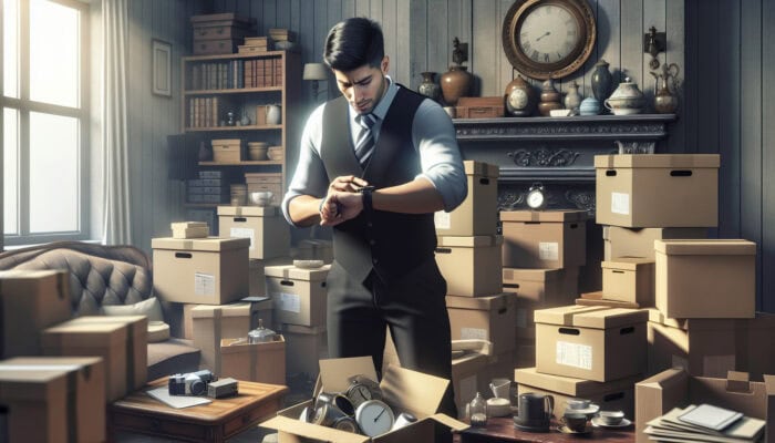 A focused professional in a vest checks a smartwatch while sorting antique furniture and labeled boxes in a cluttered Victorian living room.