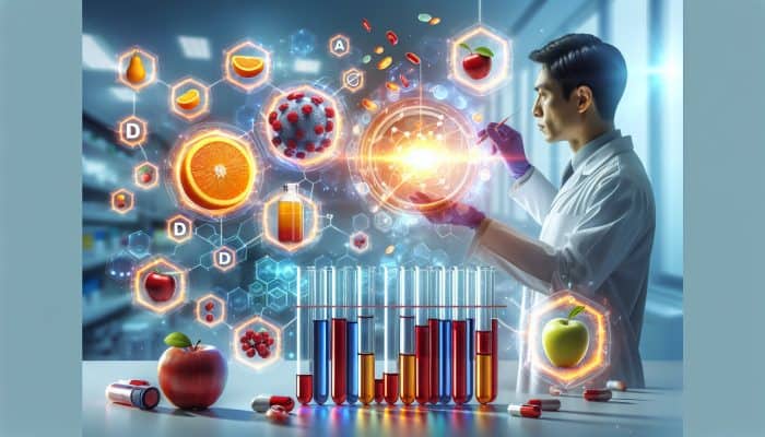 Vitamin Blood Test in Oldbury: Lab technician examines blood samples with holograms of vitamins D and B12, surrounded by health icons in a modern setting.