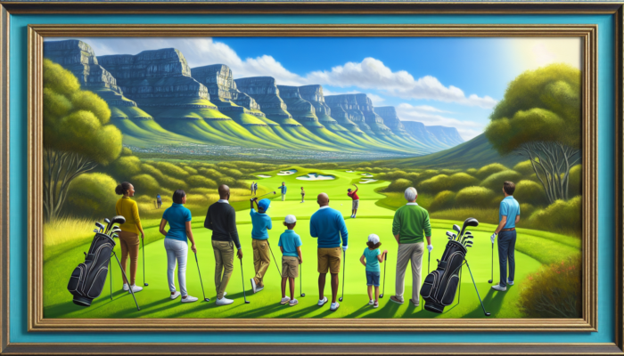 Vibrant Athlone Golf Club in Cape Town: lush green fairways, families and novice golfers teeing off under blue skies and mountains.