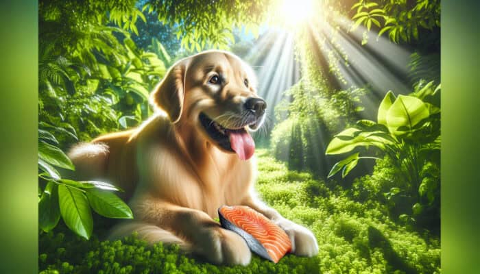 A golden retriever with a glossy coat playfully eats fresh salmon in a sunlit garden, symbolizing omega-3 benefits for pet health.