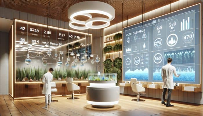In a modern salon, stylists analyze digital dashboards showing real-time water usage graphs, surrounded by eco-friendly fixtures and plants.