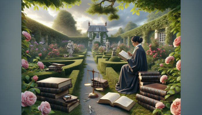 A scholar in a British garden, surrounded by blooming roses and hedges, studying legal books and scales under a cloudy sky.