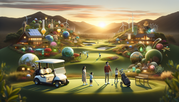 Diverse family playing golf on a vibrant South African course at sunset, with solar carts and native plants symbolizing environmental awareness and aspirations.