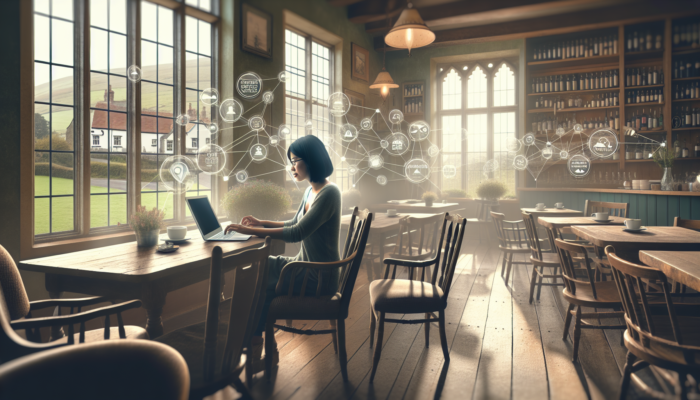 Digital marketer optimizing content on a laptop in a South Petherton cafe, surrounded by SEO charts, local posters, testimonials, and soft countryside light.