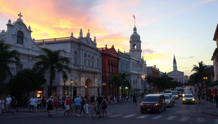 Dusk view of Belize City's colonial architecture, featuring ornate museums, preserved districts, and historical landmarks drawing crowds.
