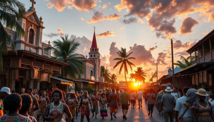 Vibrant Belize City street scene with colonial architecture, colorful markets, diverse crowds in traditional attire, tropical foliage, and sunset waterfront.