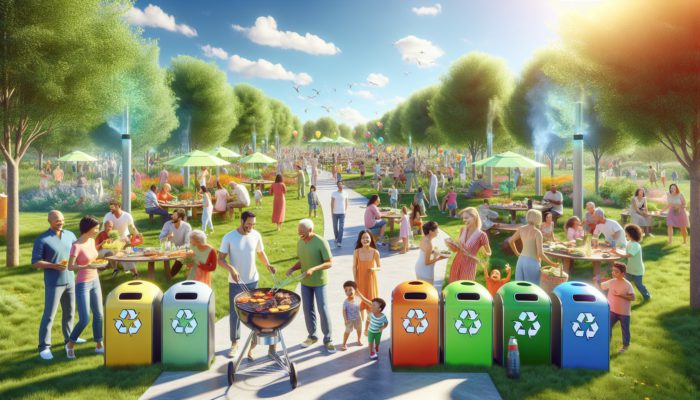 A bustling park scene with families grilling on eco-friendly grills amid lush greenery, colorful recycling stations, and attendees mingling under sunny skies.