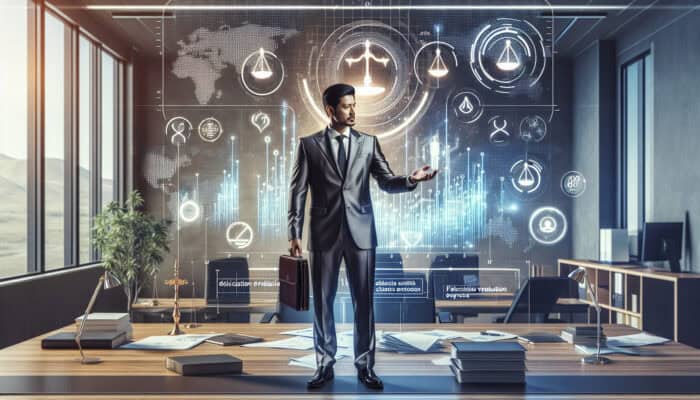 A manager discusses feedback metrics with a virtual assistant in a modern office, surrounded by digital charts, surveys, and balanced scales.