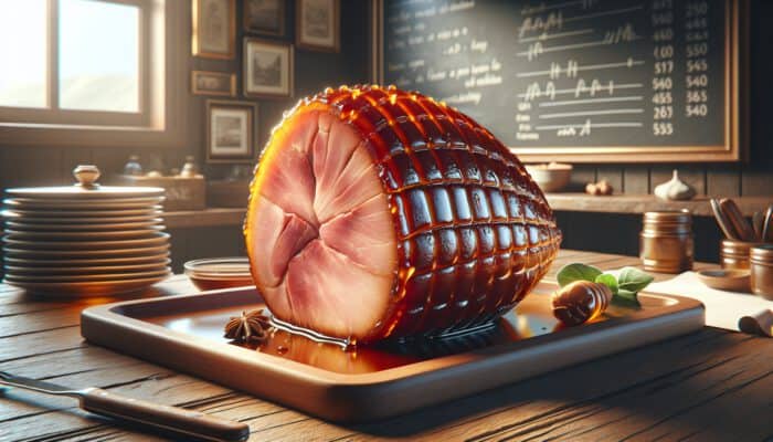 Close-up of a succulent glazed ham with shiny honey coating, contrasting smooth exterior and juicy interior in warm golden lighting.