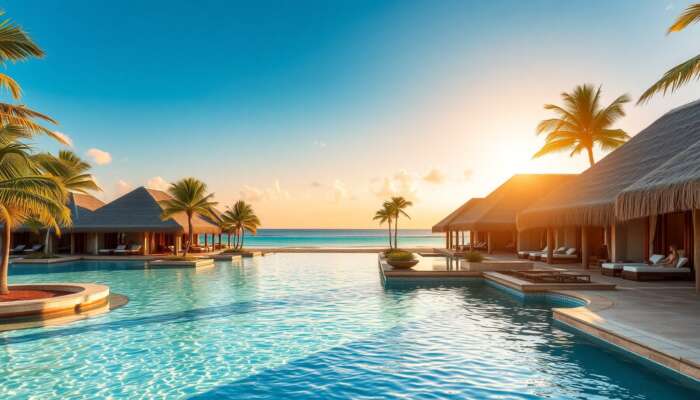 Luxurious beach resort at golden hour: turquoise waters, swaying palm trees, thatched villas with infinity pools, and guests in spa.