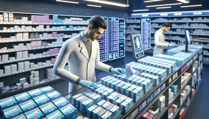 A busy pharmacy interior in Weymouth with shelves stocked with sealed blue nitrile gloves, as a pharmacist inspects them under fluorescent lights, surrounded by medical supplies.