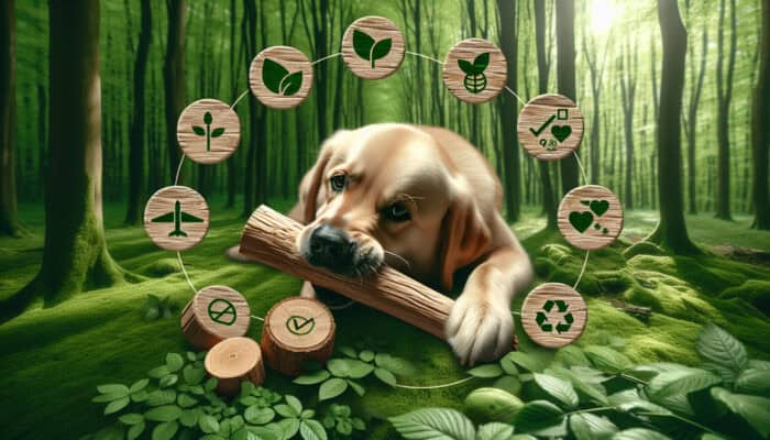 A playful dog chews a FSC-certified wooden toy in a lush forest, with Fair Trade labels, green leaves, recycling symbols, and ethical icons.